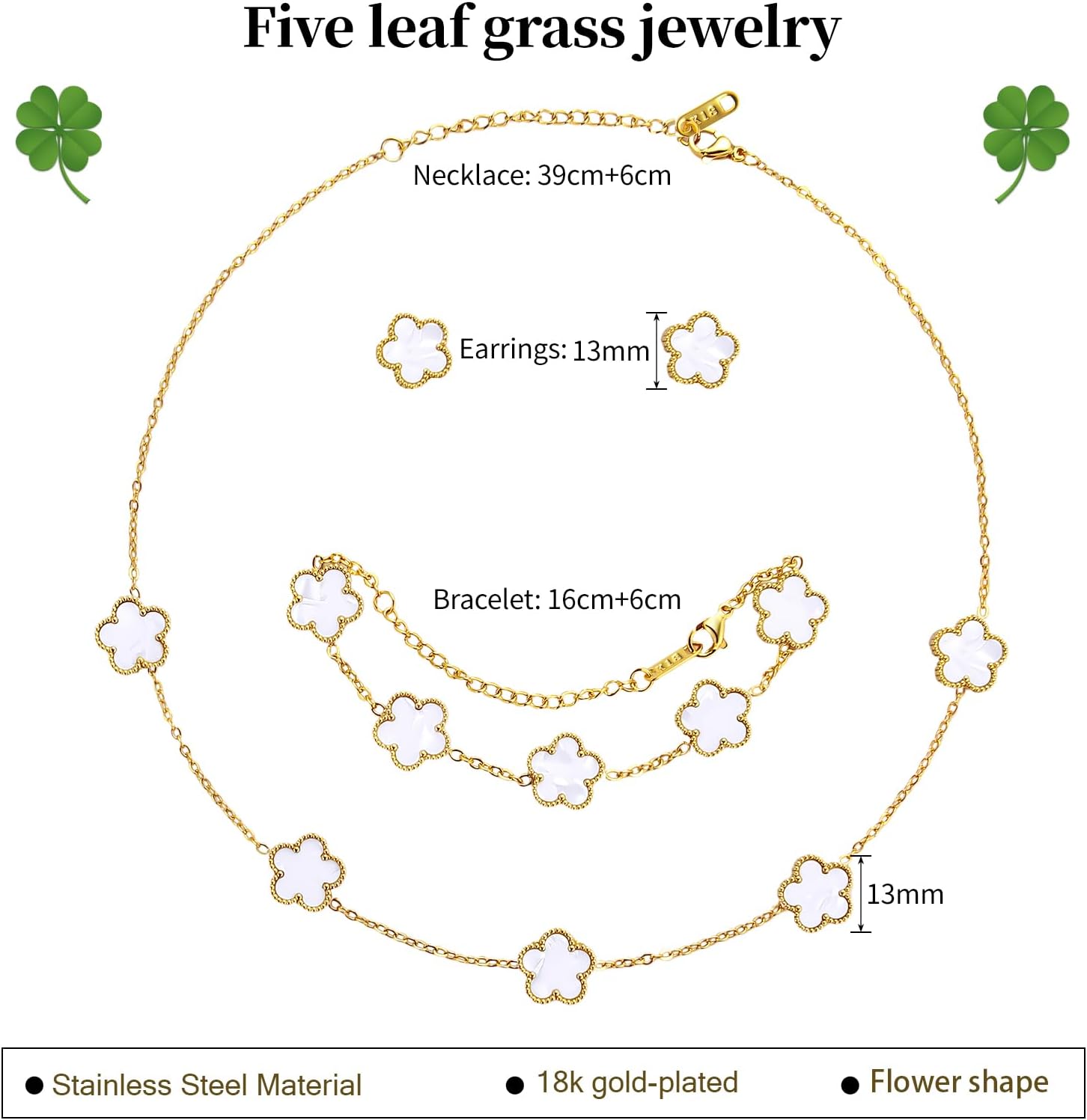 Lucky Five Leaf Clover Sets - 18K Gold Plated Ladies Jewelry Presents: White Five Leaf Clover Design Bracelet, Bangle, Pendant Necklace, Open End Ring and Earrings