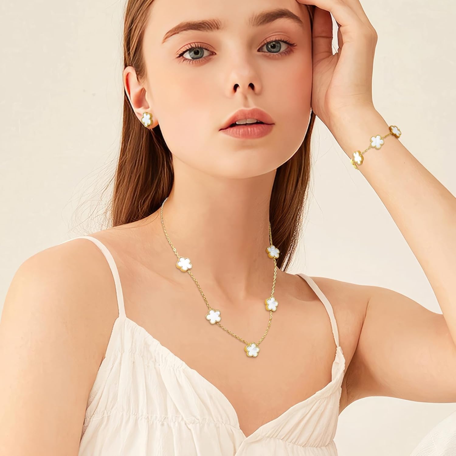 Lucky Five Leaf Clover Sets - 18K Gold Plated Ladies Jewelry Presents: White Five Leaf Clover Design Bracelet, Bangle, Pendant Necklace, Open End Ring and Earrings