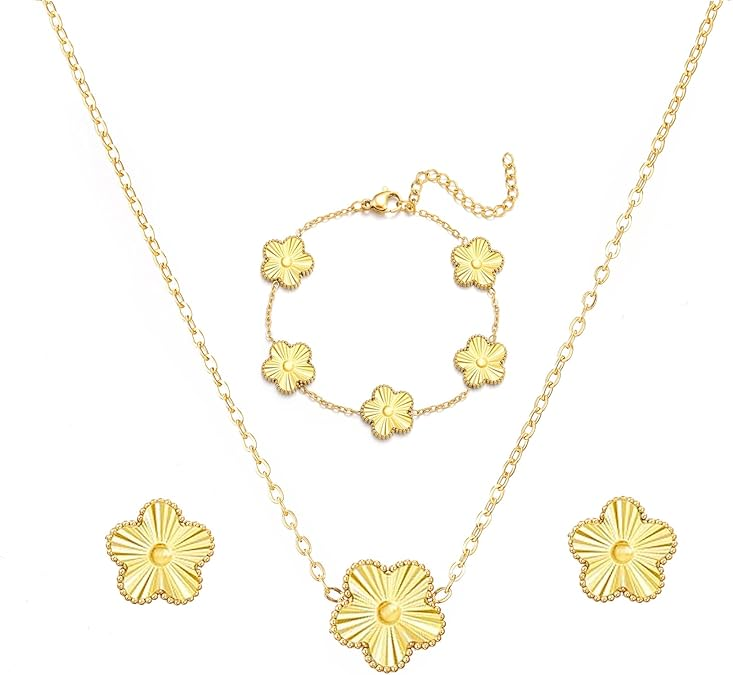 Clover Neckalce Bracelet Earring Set for Women 14K Gold Plated Stainless Steel Four Leaf Clover Jewelry Set