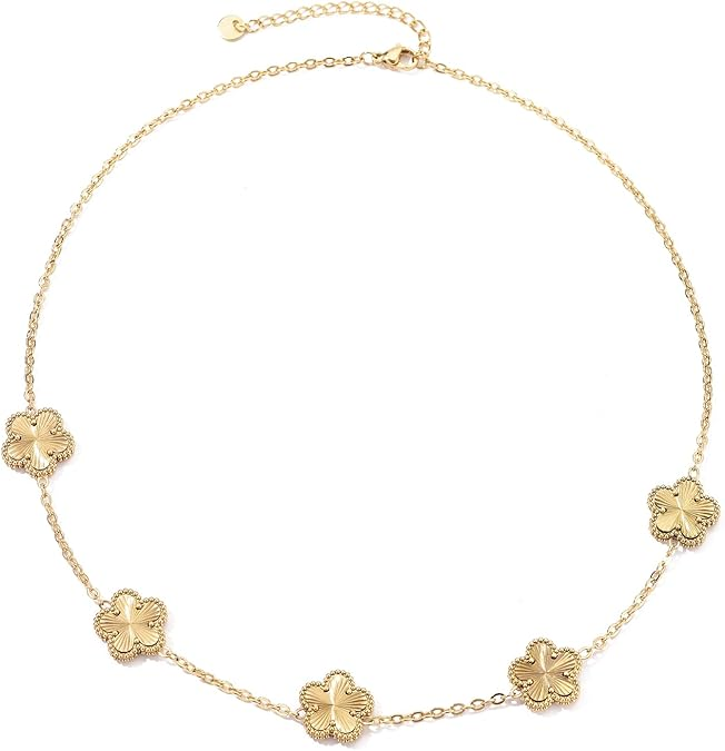 Clover Neckalce Bracelet Earring Set for Women 14K Gold Plated Stainless Steel Four Leaf Clover Jewelry Set