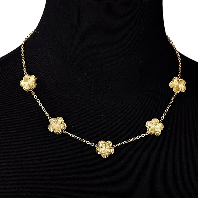 Clover Neckalce Bracelet Earring Set for Women 14K Gold Plated Stainless Steel Four Leaf Clover Jewelry Set