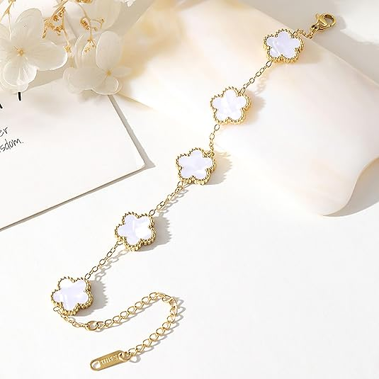 910 Five Leaf Clover Gift Set: 18K Gold Plated Necklace, Adjustable Bracelet,Stud Earrings for Mom, Wife, Daughter & Friends