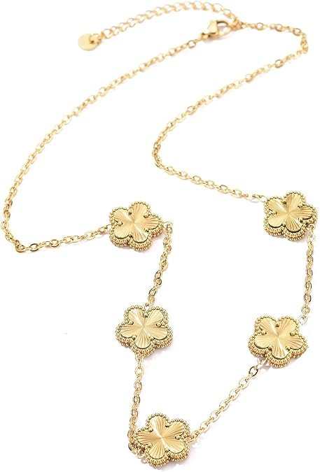 Clover Neckalce Bracelet Earring Set for Women 14K Gold Plated Stainless Steel Four Leaf Clover Jewelry Set