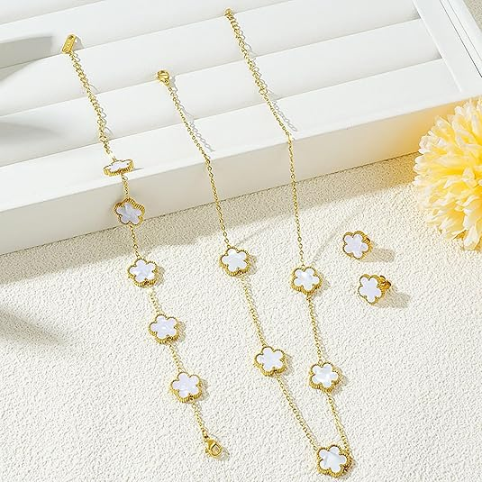 910 Five Leaf Clover Gift Set: 18K Gold Plated Necklace, Adjustable Bracelet,Stud Earrings for Mom, Wife, Daughter & Friends