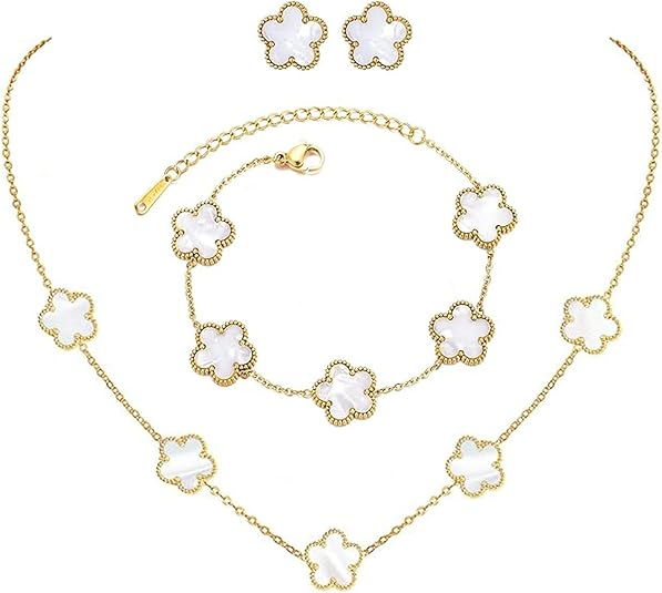 910 Five Leaf Clover Gift Set: 18K Gold Plated Necklace, Adjustable Bracelet,Stud Earrings for Mom, Wife, Daughter & Friends