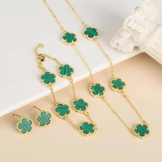 14K Gold-Filled Clover Necklace For Women - Classic Five-Leaf Flower Set Bracelet Necklace Earrings Jewelry Set, Five Leaf Clover Necklaces Dainty Lucky Clover Jewelry