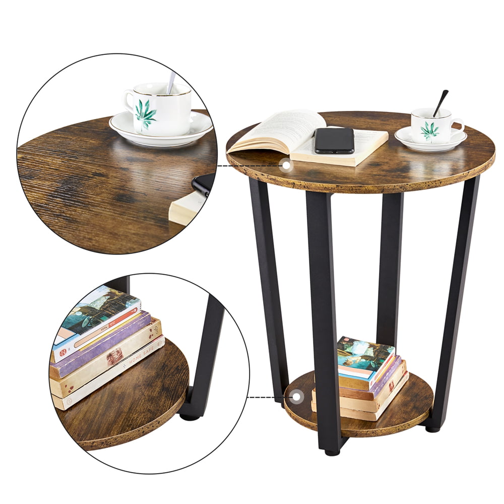 2Pcs Round Wooden Side End Tables, Rustic Brown