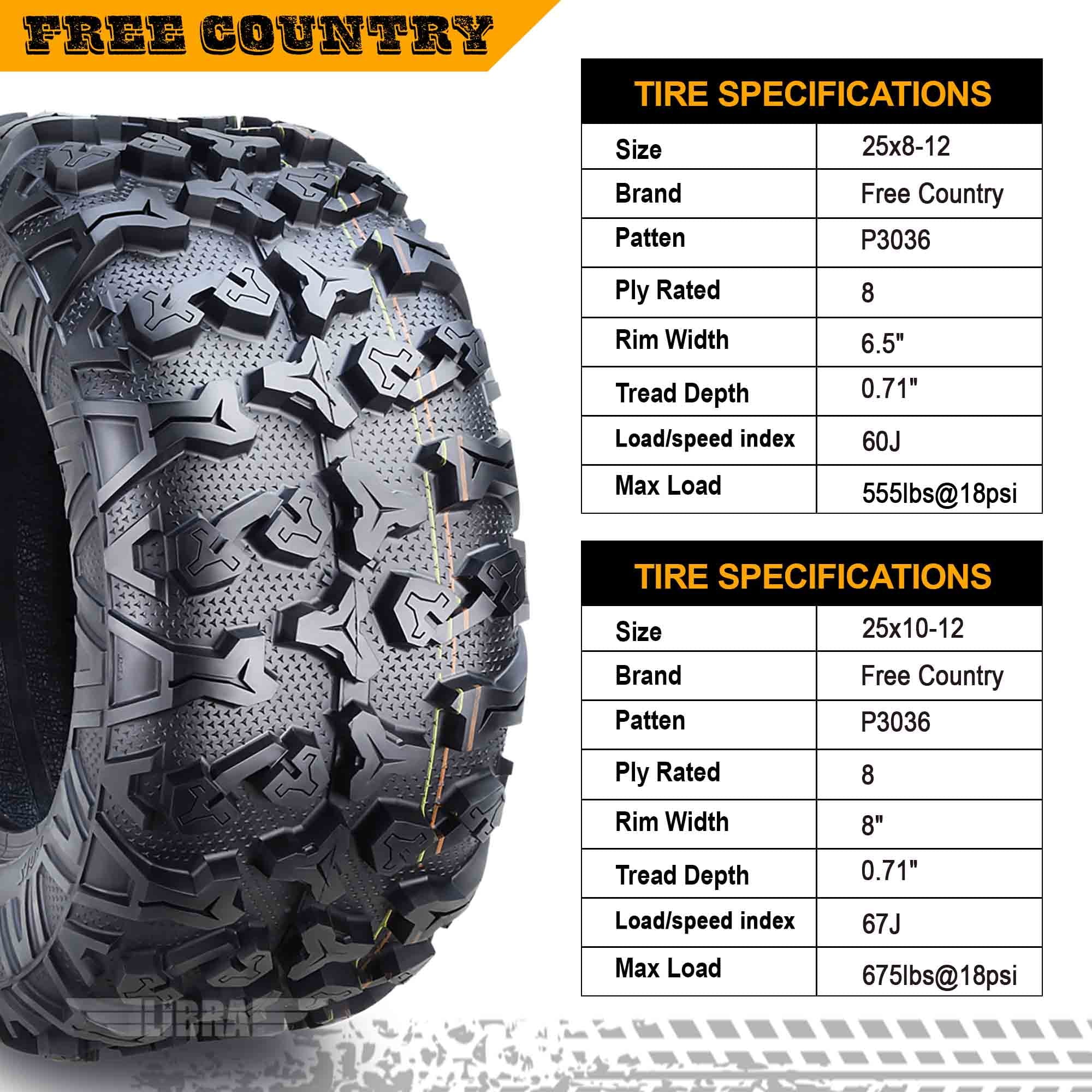 FREE COUNTRY 8PR Premium ATV Tires 25x8x12 & 25x10x12 fit 05-13 Yamaha RHINO 450 660 700