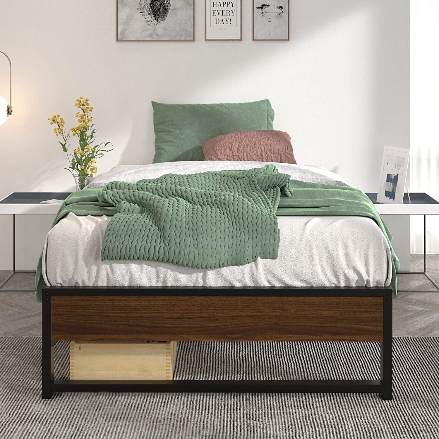 Allewie Black Twin Size 14 Inch Metal Platform Bed Frame, Non-Headboard, Mattress Foundation with Metal Slat Support