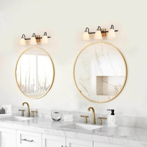 Modern Classic 3-Light Matte Black and Plating Brass Vanity Light with White Cone Fabric Shades