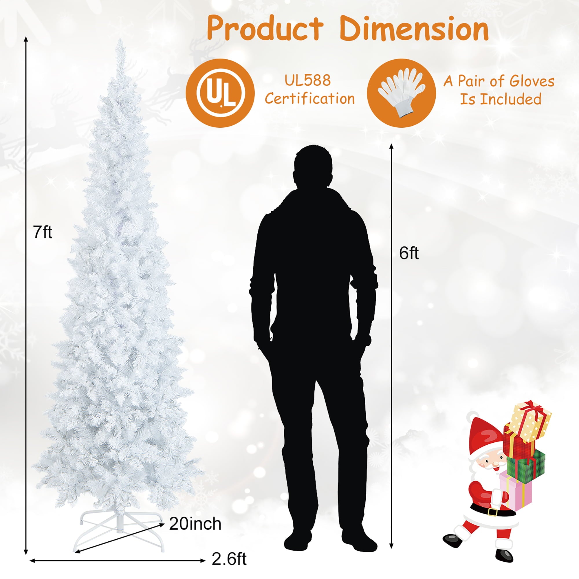Gymax 7FT Pre-Lit Slim Pencil Christmas Tree Full Artificial Tree w/ LED Lights