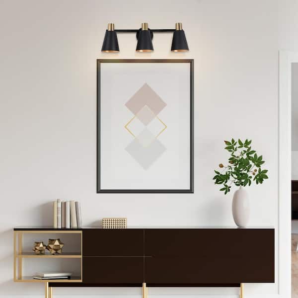 Black and Plated Gold Bathroom Wall Sconce, 22 in. 3-Light Modern Bell Powder Room Vanity Light Fixtures over Mirrors
