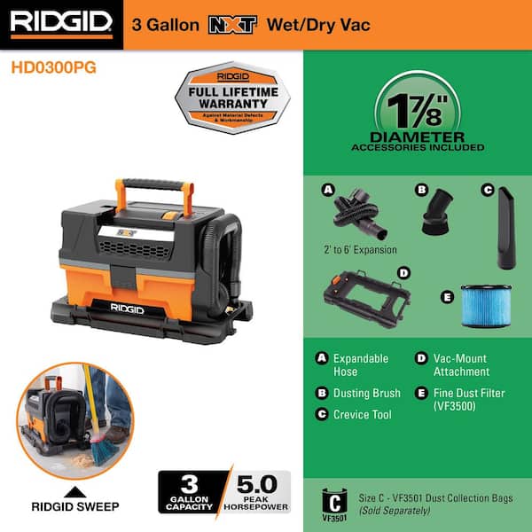 3 Gallon 5.0 Peak HP NXT Wet/Dry Shop Vacuum with Filter, Expandable Locking Hose, Accessories and Pro Gear Attachment