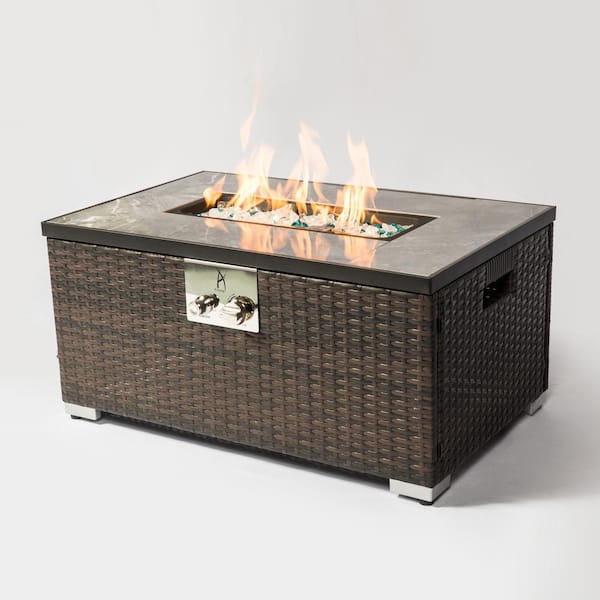 Brown 32 in. Rectangular Rattan Outdoor Gas Fire Pit Table, Propane Fire Table with Tile Tabletop