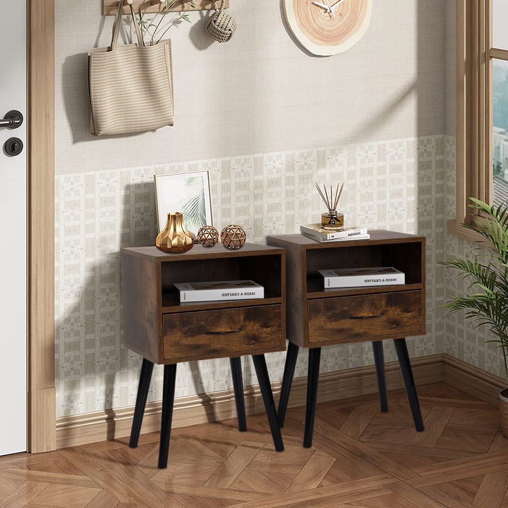 Sesslife Night Stand Set of 2, Solid Metal Legs Furniture Bedside Table, Modern End Side Table with a Drawer and Shelf, Versatile Nightstand for Bedroom Sofa Entryway, Brown