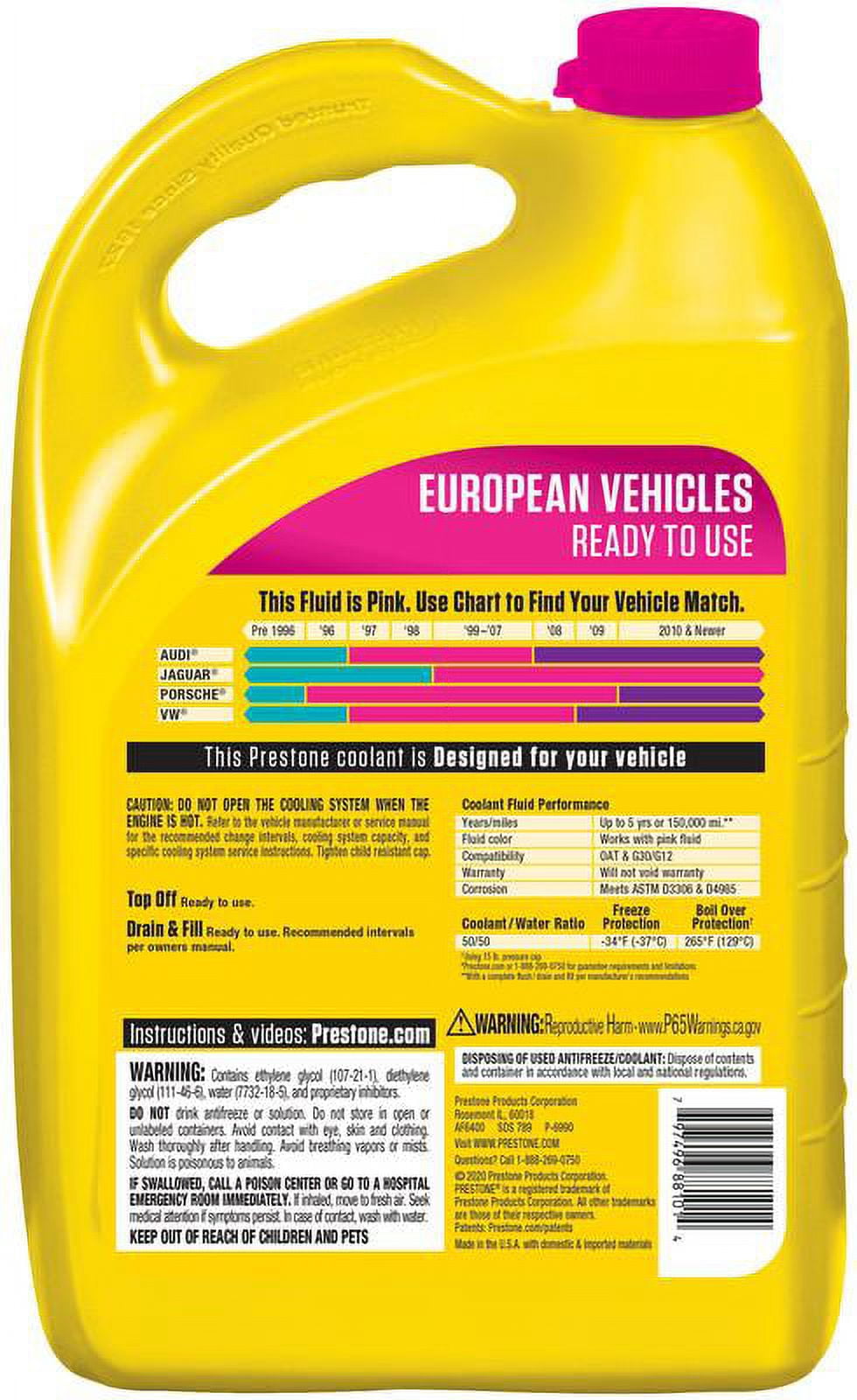 Prestone European Vehicles (Pink) Antifreeze+Coolant -1 gal-Ready to Use Antifreeze