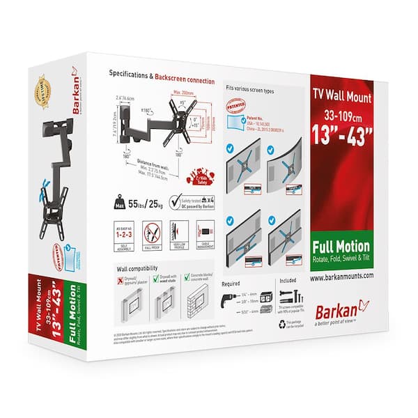 Barkan 13 in to 39 in Full Motion - 4 Movement Flat TV Wall Mount, up to 55 lbs, UL certified