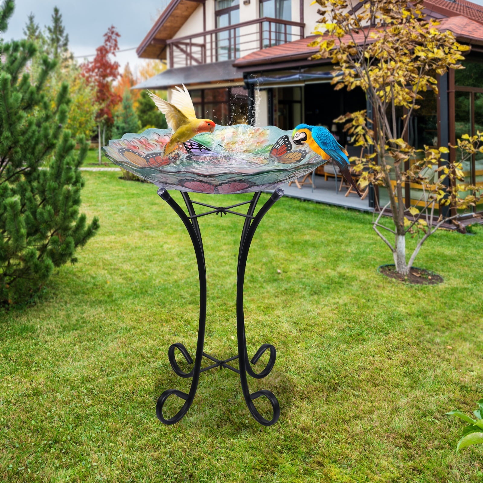 Glass Birdbath with Metal Stand Outdoor for Lawn Yard Garden Butterfly Decor, 18” Dia 21.65” Height