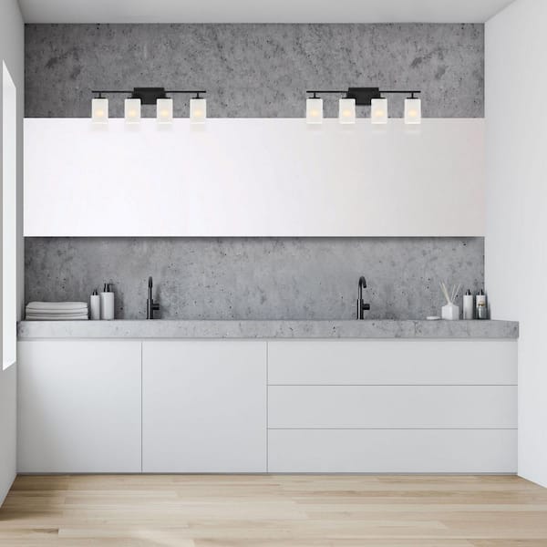 Carmine 28 in. 4-Light Matte Black Modern Vanity with Etched Glass Shades