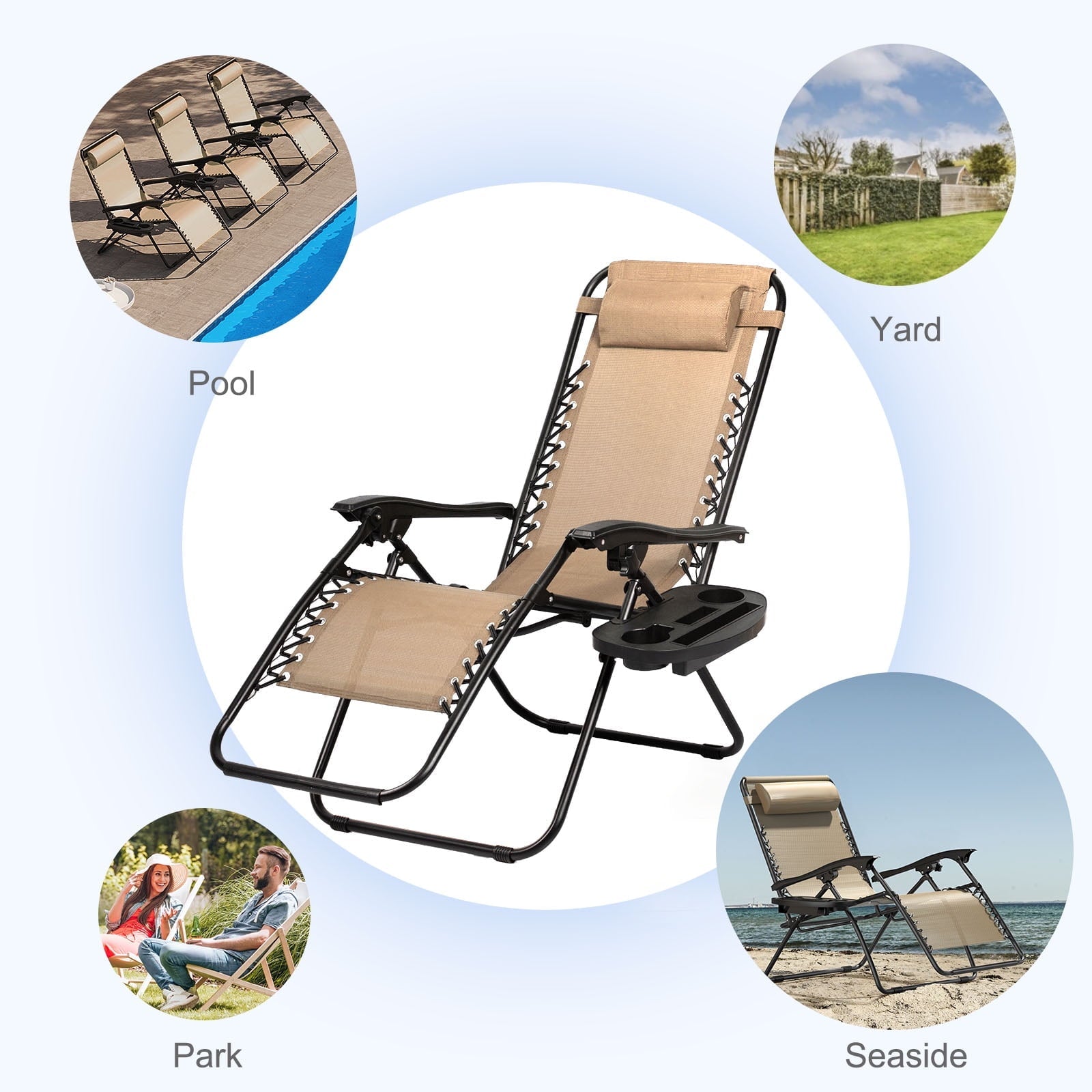 Nazhura Set of 2 Relaxing Recliners Patio Chairs Adjustable Steel Mesh Zero Gravity Lounge Chair Recliners with Pillow and Cup Holder (Khaki)