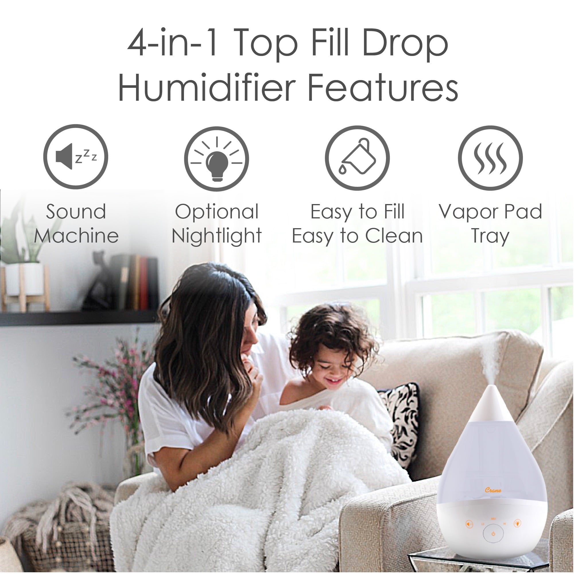 Crane Top Fill Drop 1 Gallon Ultrasonic Cool Mist Humidifier with Sound Machine and Optional Nightlight - White