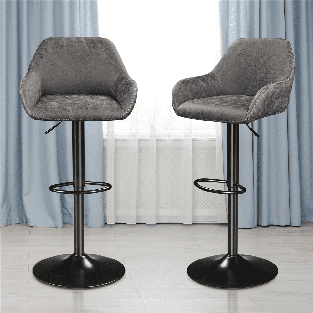 Smile Mart Adjustable Vintage Faux Leather Bar Stools with Backrest, Set of 2, Gray
