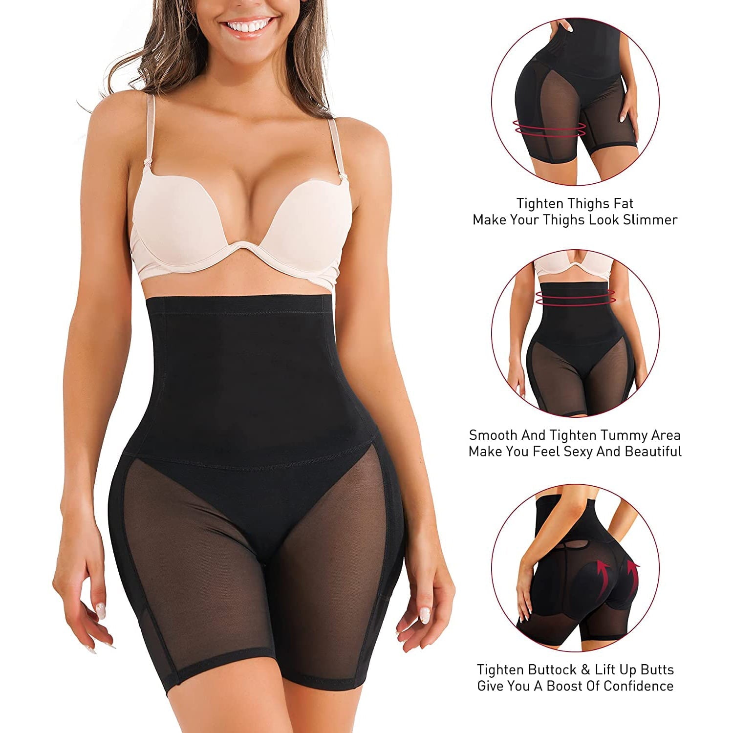 MISS MOLY Womens Shapewear Padded Butt Lifter High Waist Trainer Tummy Control Panties Hip Enhancer with Removable 4 Pads