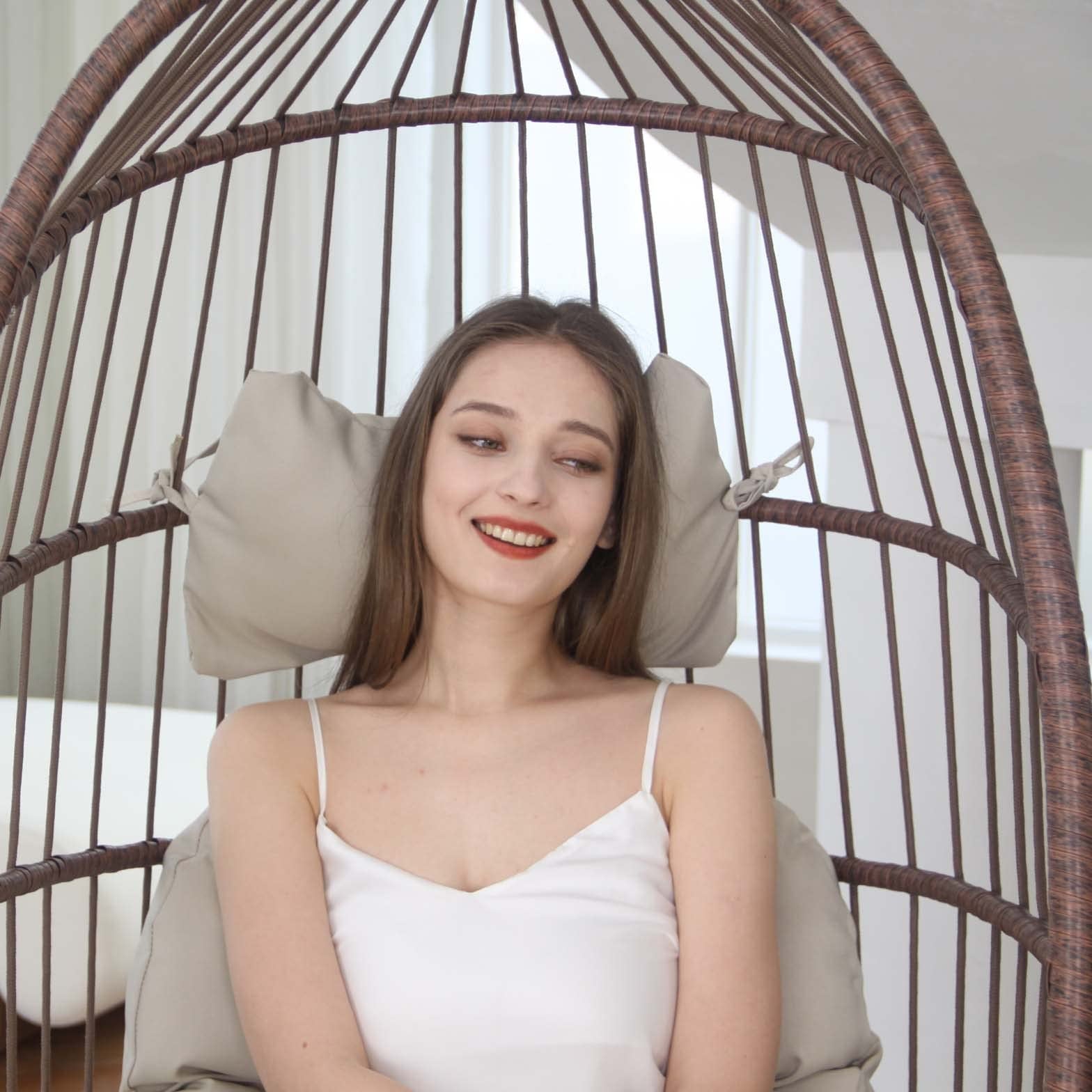 Nicesoul Foldable PE Wicker Brown Hanging Egg Chair With Stand Swing Chair With Cushion and Pillow Capacity 350lbs