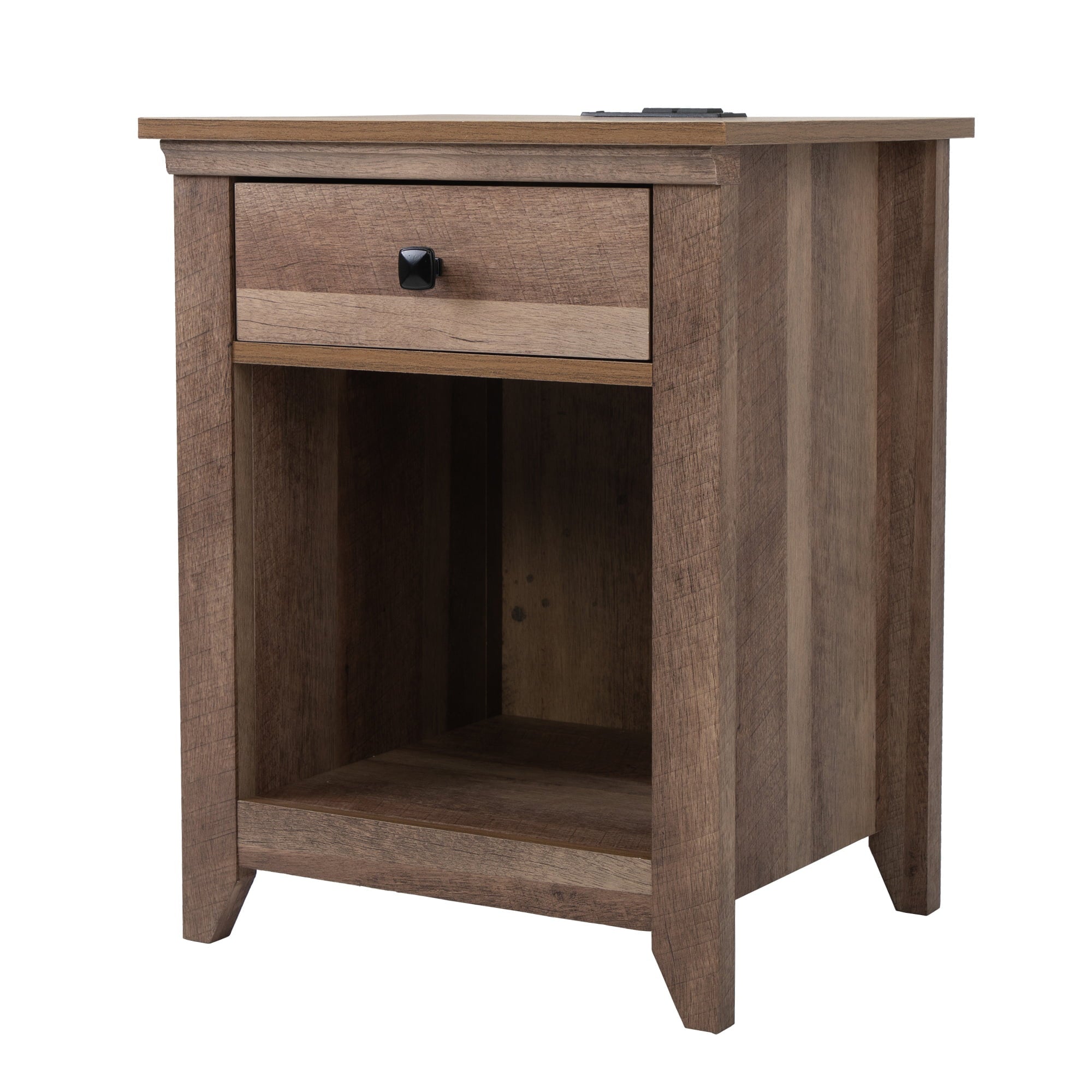 Jaxpety Farmhouse Nightstand W/ USB Charging Station, Bedside Table with Drawer and Shelf, Wood Storage Cabinet for Bedroom Living Room, Rustic Brown