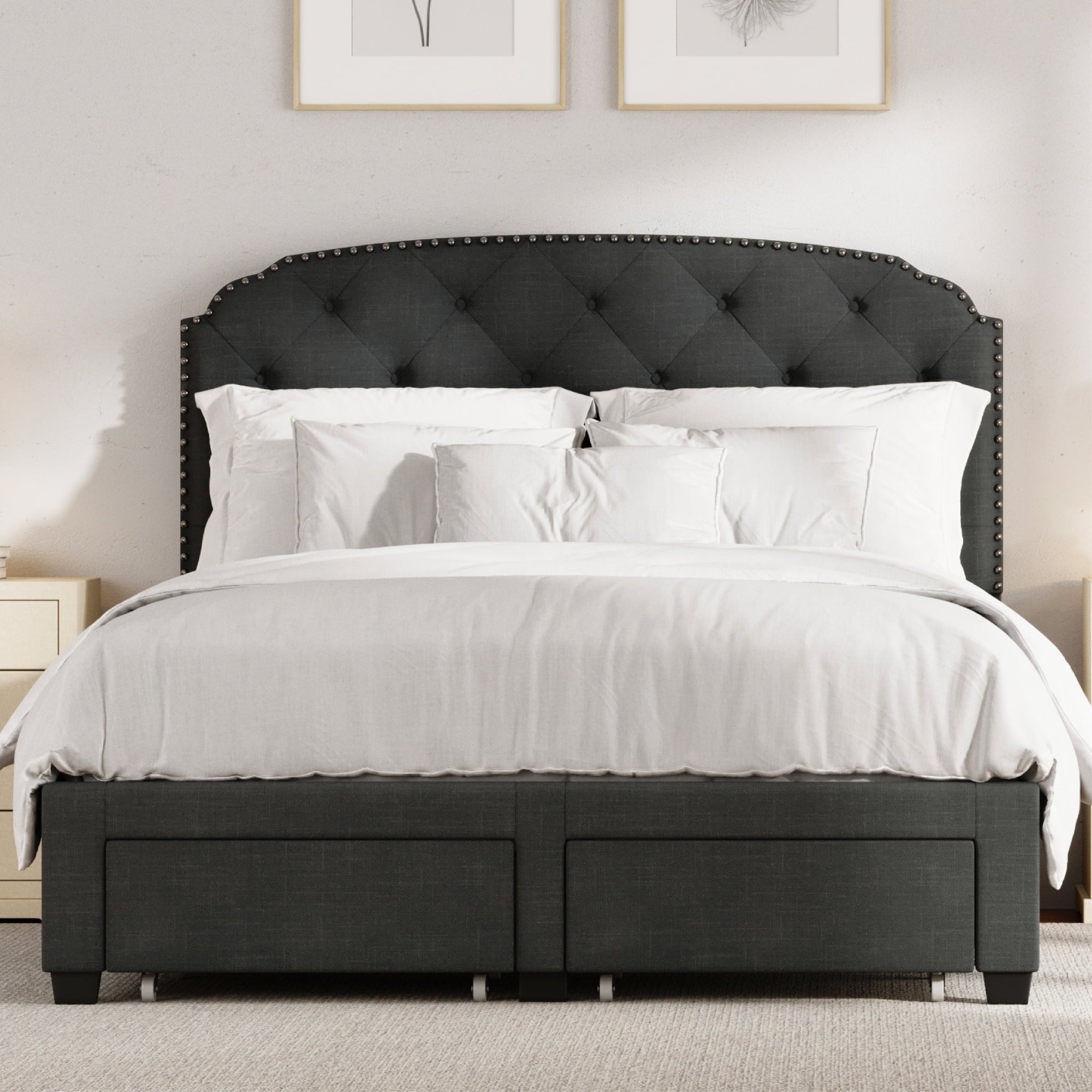 DG Casa Argo Tufted Upholstered Panel Bed Frame with Storage Drawers and Nailhead Trim Headboard, Queen Size Storage Bed in Charcoal Linen Style Fabric