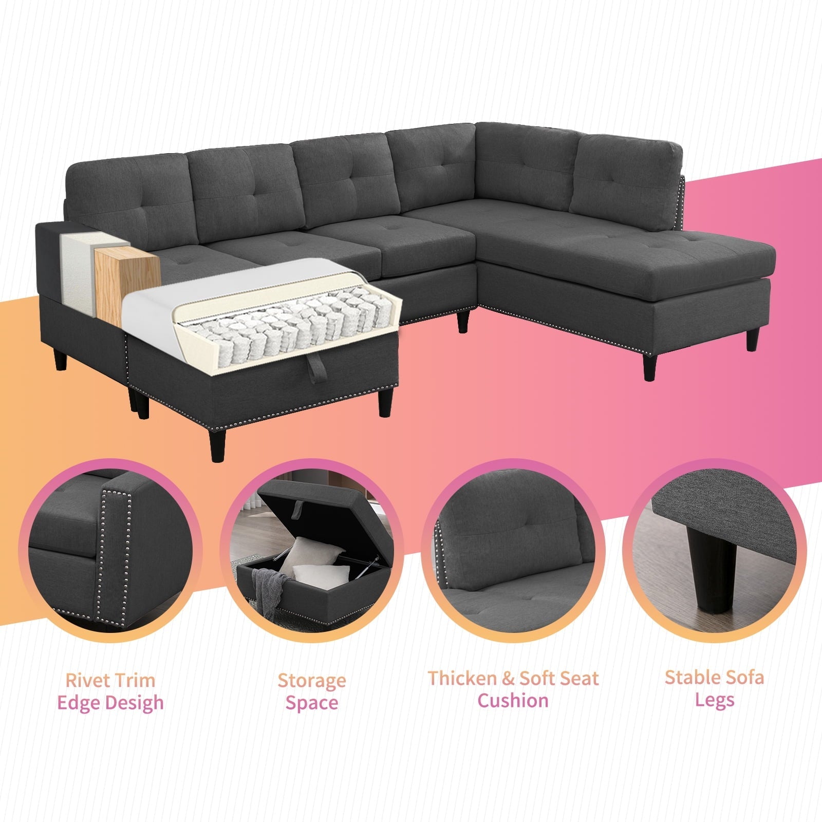 Mjkone L Shaped Sectional Sofa with Left Hand Facing Chaise,Free Combination Ottoman, Modular Sectional Sofa with Rivet Trim,Upholstered Sofa Couches for Living Room,Dark Grey