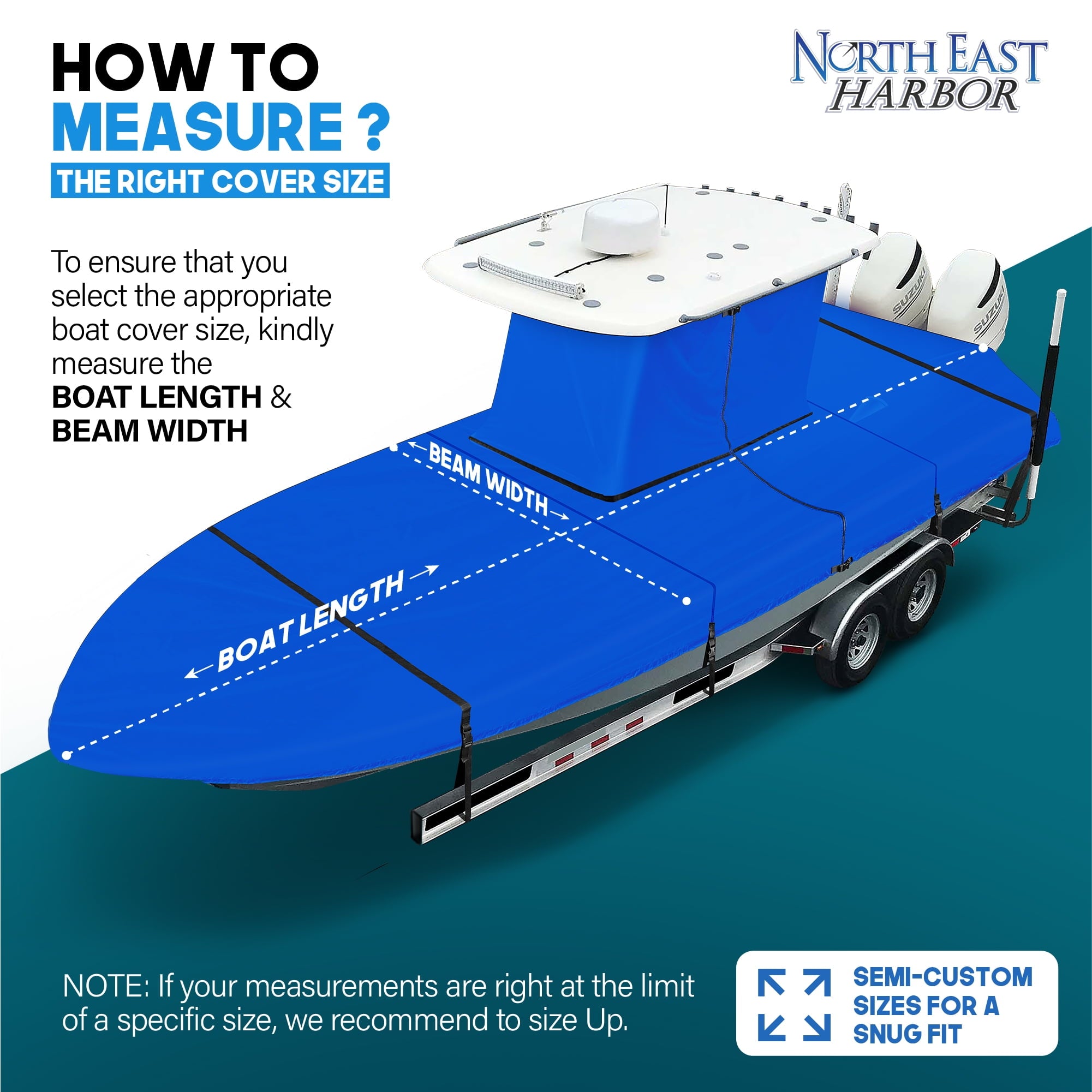 NEH T-Top Boat Cover 20-22ft, Thick Heavy Duty Fabric, Fade-Proof, Rip Resistant, Waterproof, Trailerable, Hard Top Center Console Cover, Pacific Blue