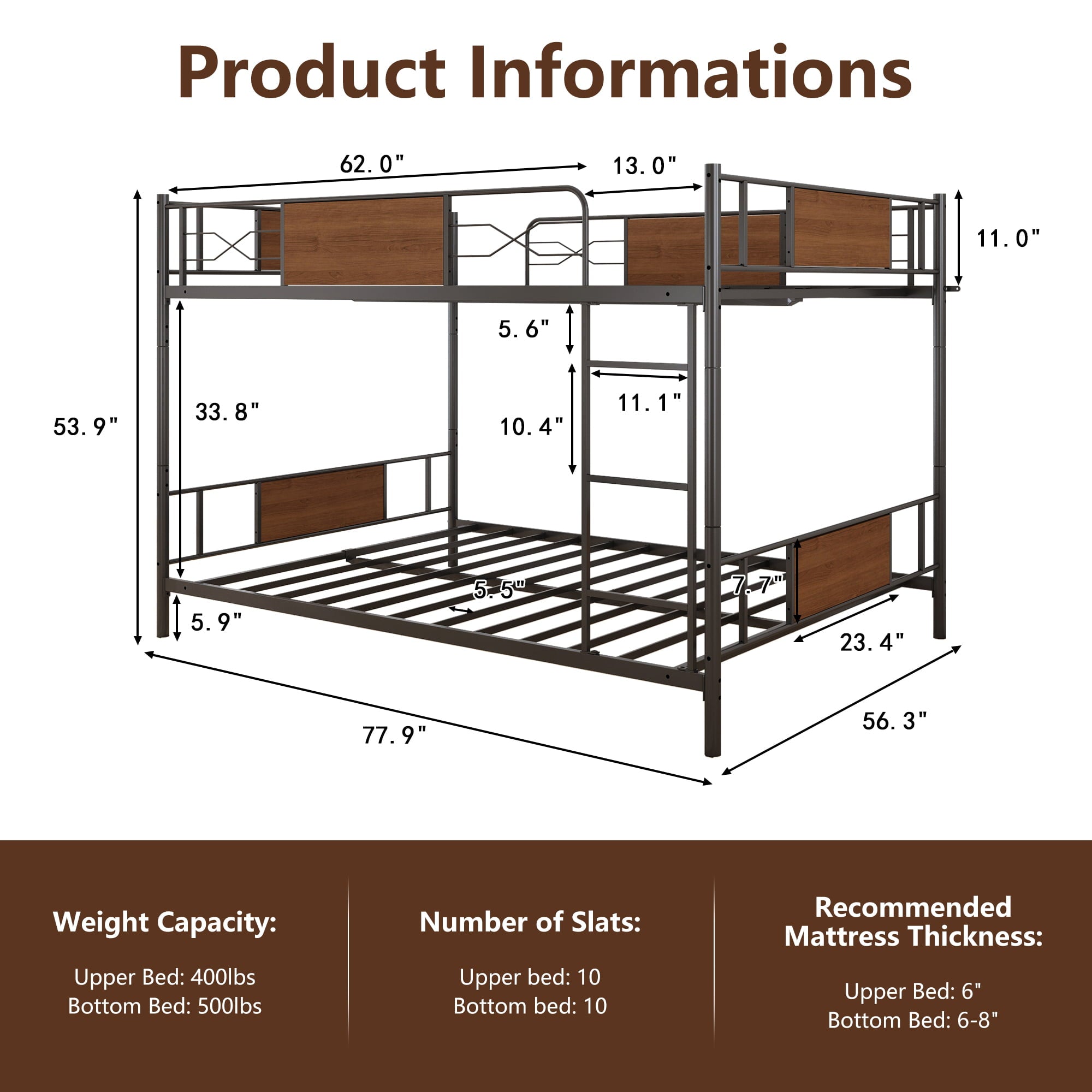 Full Over Full Metal Bunk Bed, HSUNNS Industrial Metal Low Bunk Bed for Kids Full Over Full, Modern Kids Convertible Bunkbed with Ladder, Guardrail, No Box Spring Need, Load-Bearing 400lb, Noise Free