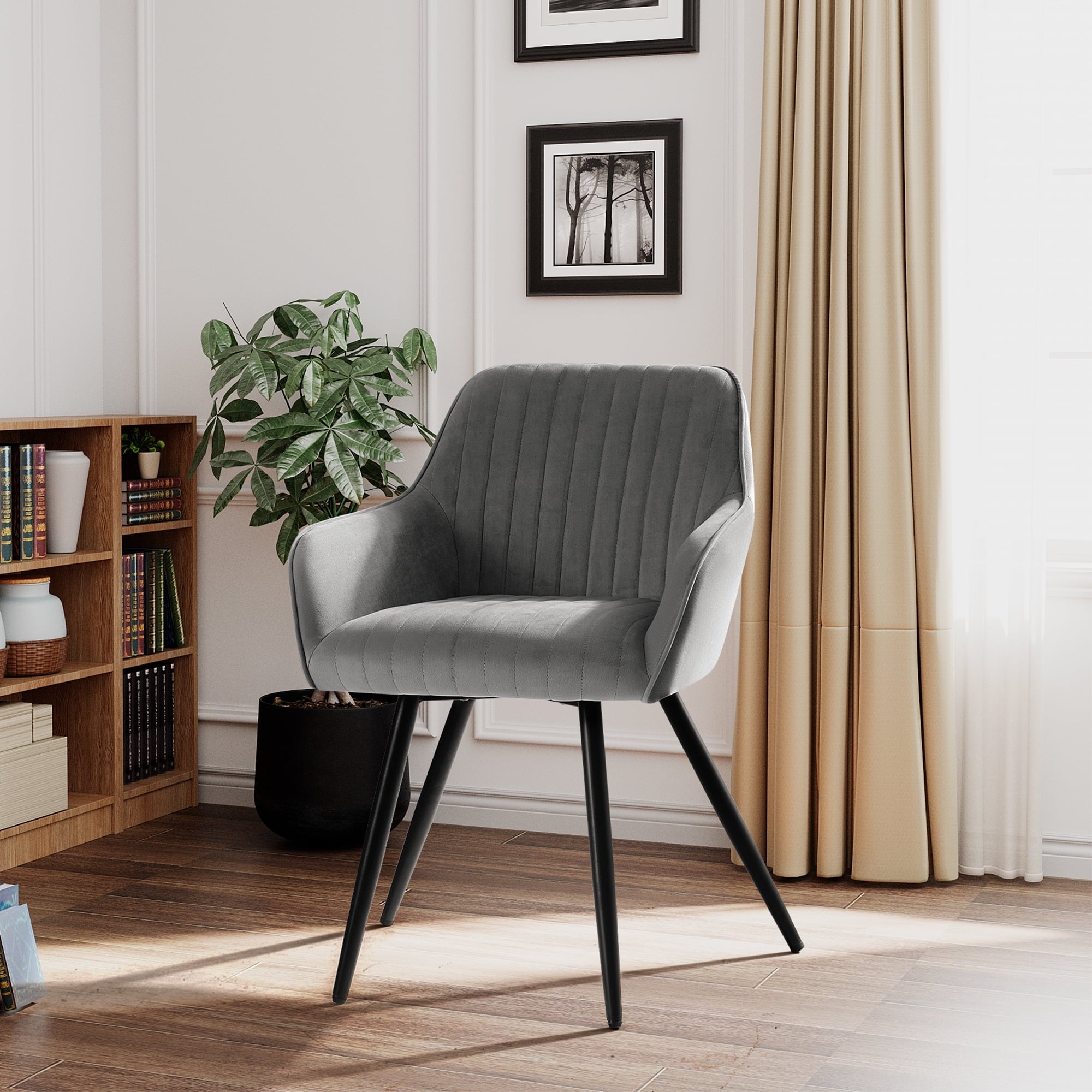 Devoko Set of 2 Accent Chair, Velvet Tufted Solid Back Arm Chair with Arms Upholstered Tall Back Desk Chair, Accent Chair for Living Room Home Kitchen, Gray