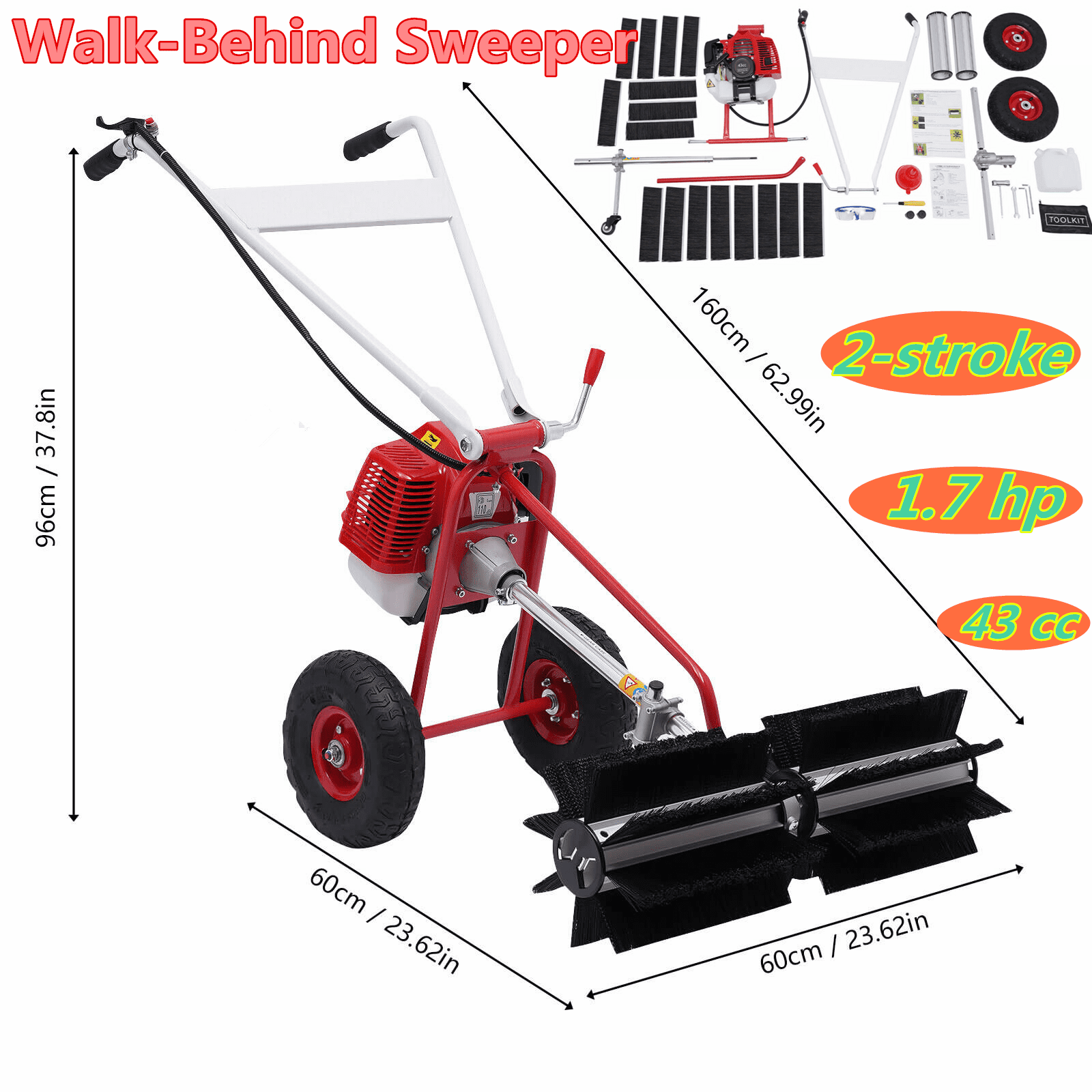 OUKANING 43cc 1.7hp Petrol Sweeper Handheld Lane Cleaner Snow Plow Snow Clearing Device