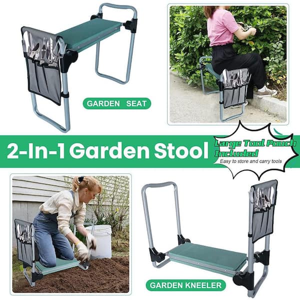 Garden Kneeler and Seat Stool, Foldable Garden Bench with Tool Pocket and Soft EVA Kneeling Pad for Senior