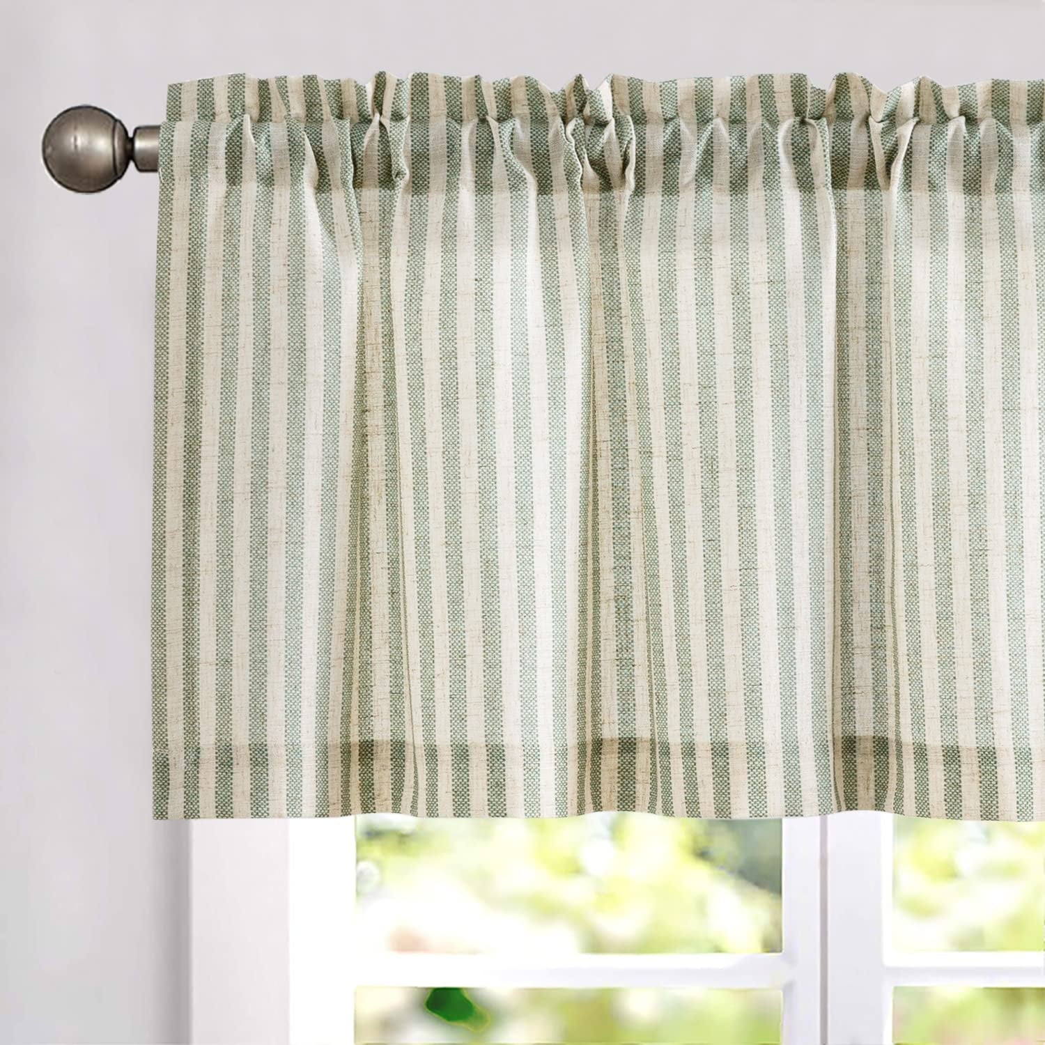 Curtainking Kitchen Valance Curtain Stripe Pattern Farmhouse Window Valance 16 inch Linen Window Treatment for Bathroom Bedroom Rod Pocket 1 Panel Sage