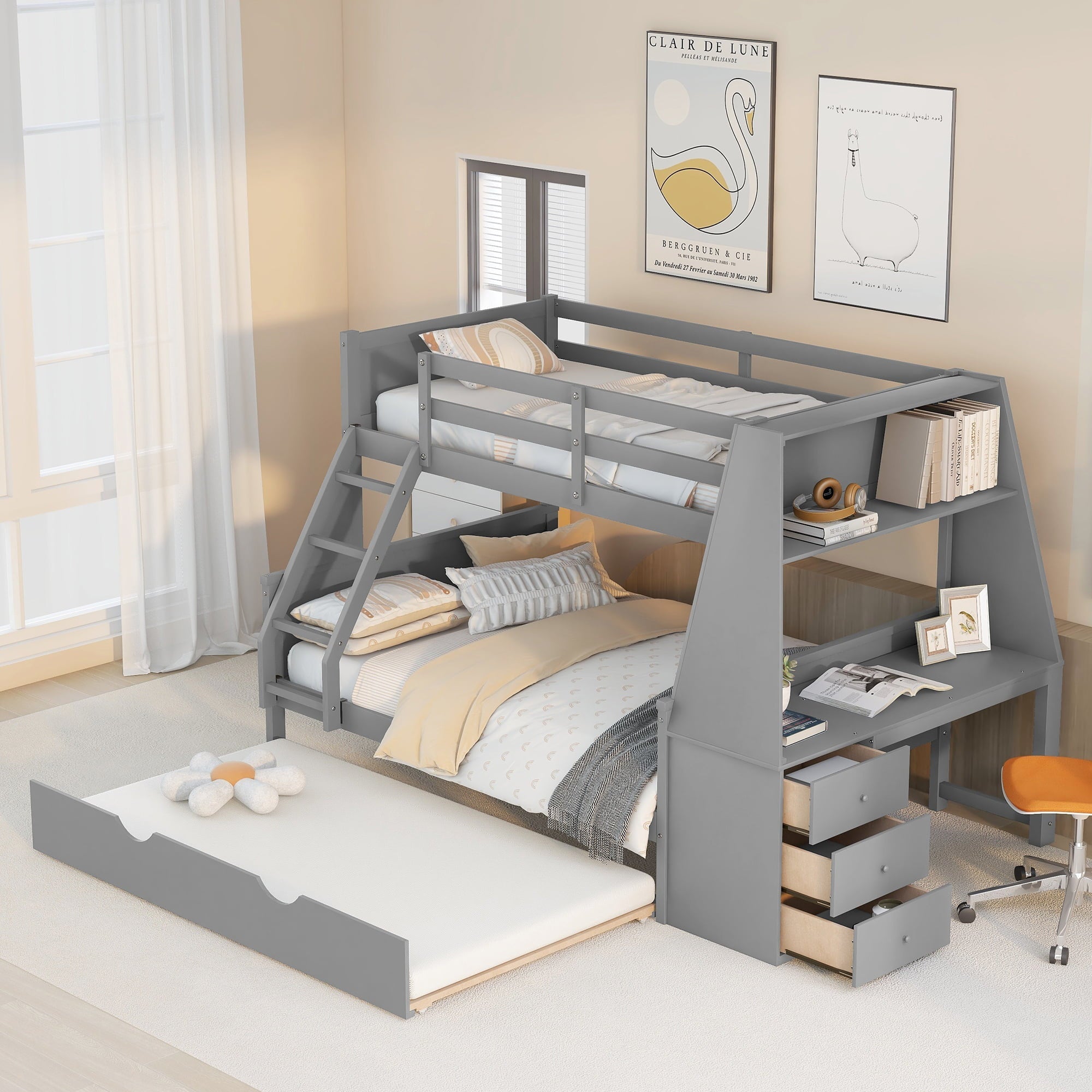 EUROCO Twin over Full Bunk Bed with Trundle, Built-in Desk with Bookcase and 3 Drawers for Kids, Gray