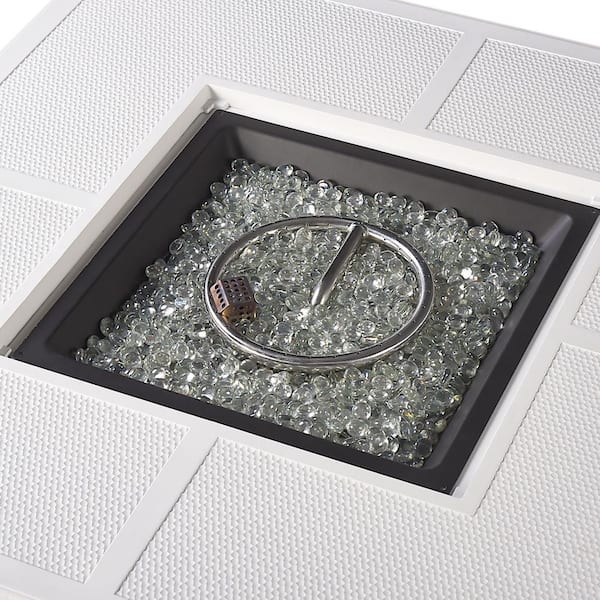 42 in. x 42 in. White Square Aluminum Propane Fire Pit Table with Glass Beads, 2 Covers, Lid, 55,000 BTUs