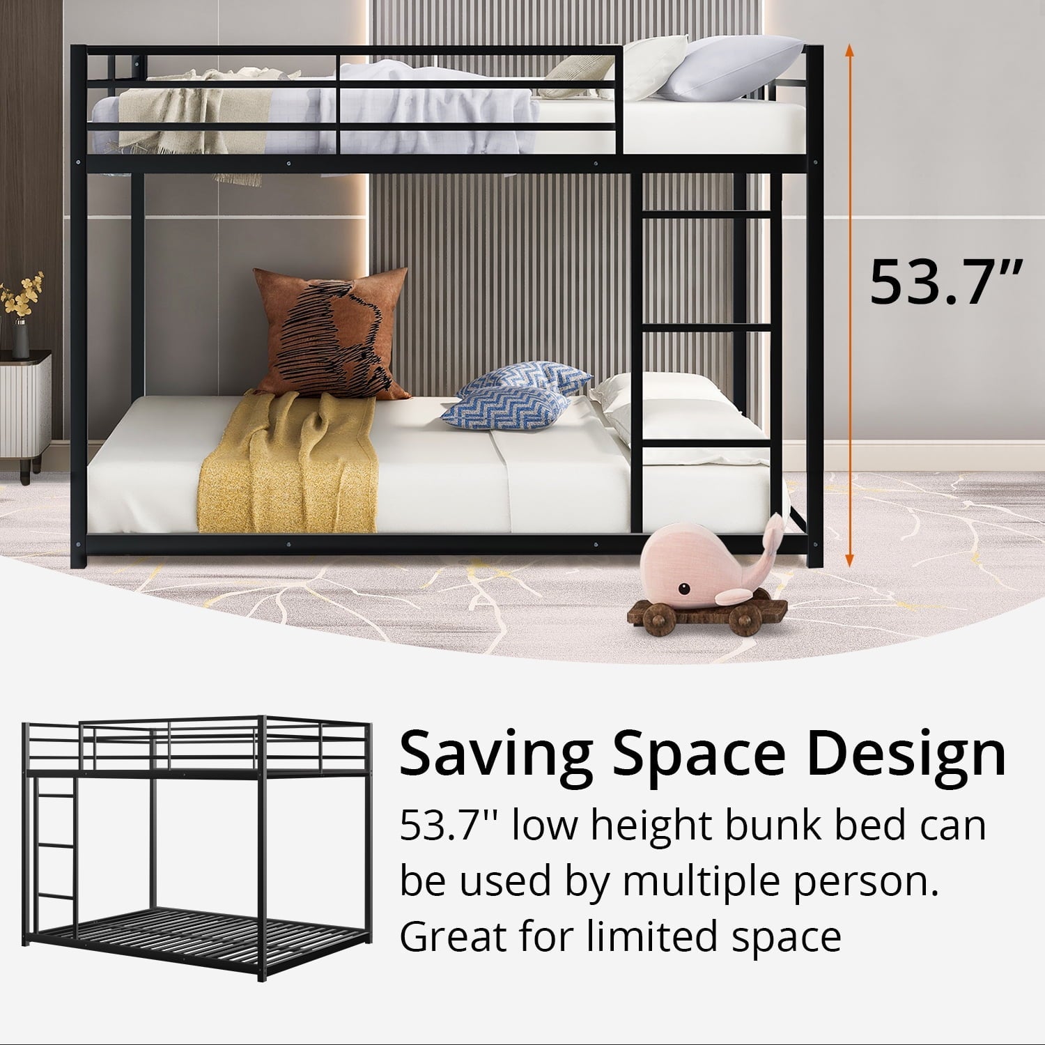 Full over Full Low Bunk Bed for Kids Teens Adults, Metal Bunk Bed Frame with Ladder and Safety Guardrails, Load-Bearing 350lb, Noise Free, Black 77.1''Lx55.9''Wx53.7''H