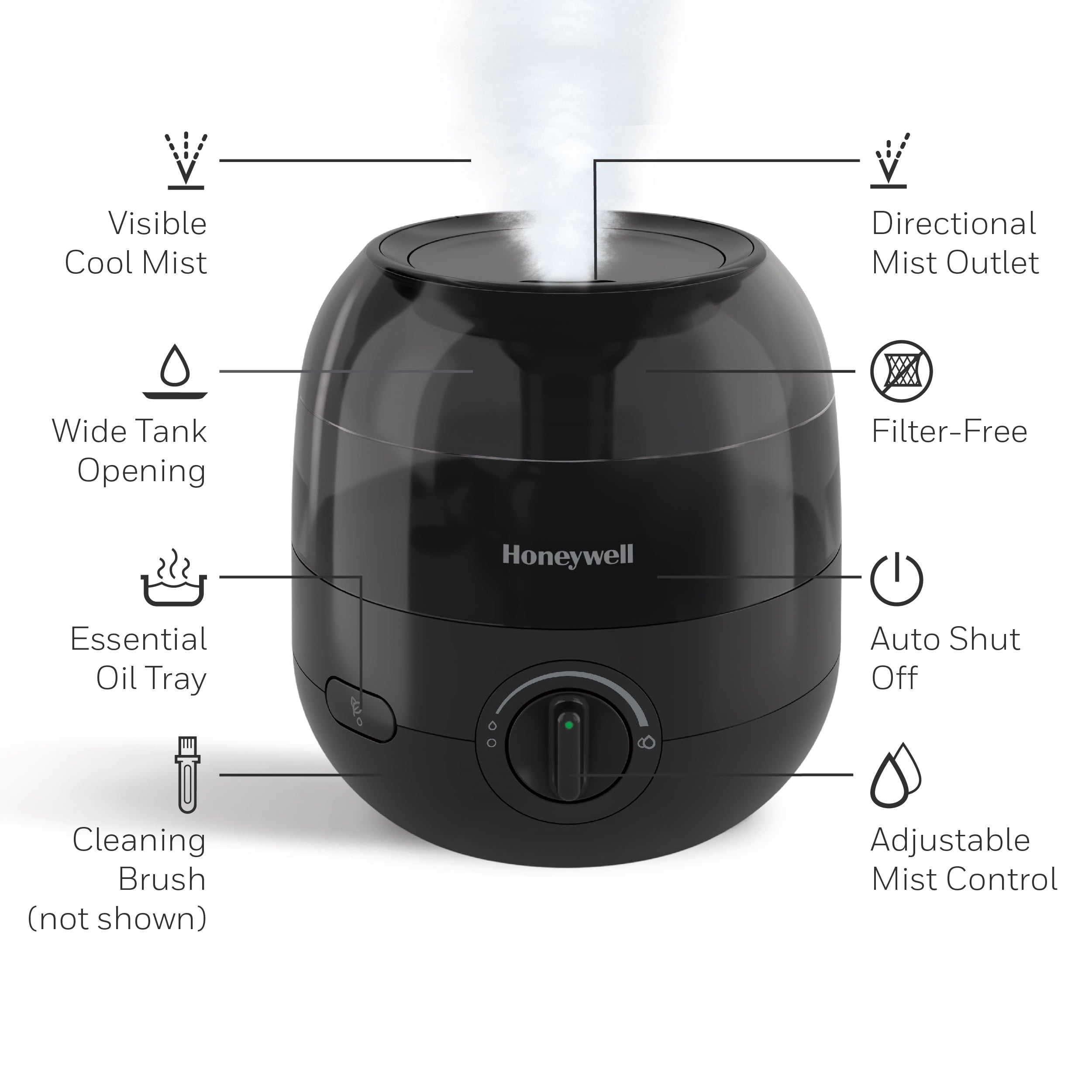 Honeywell Mini Cool Mist Humidifier, 200 sq. ft, Black, HUL525B