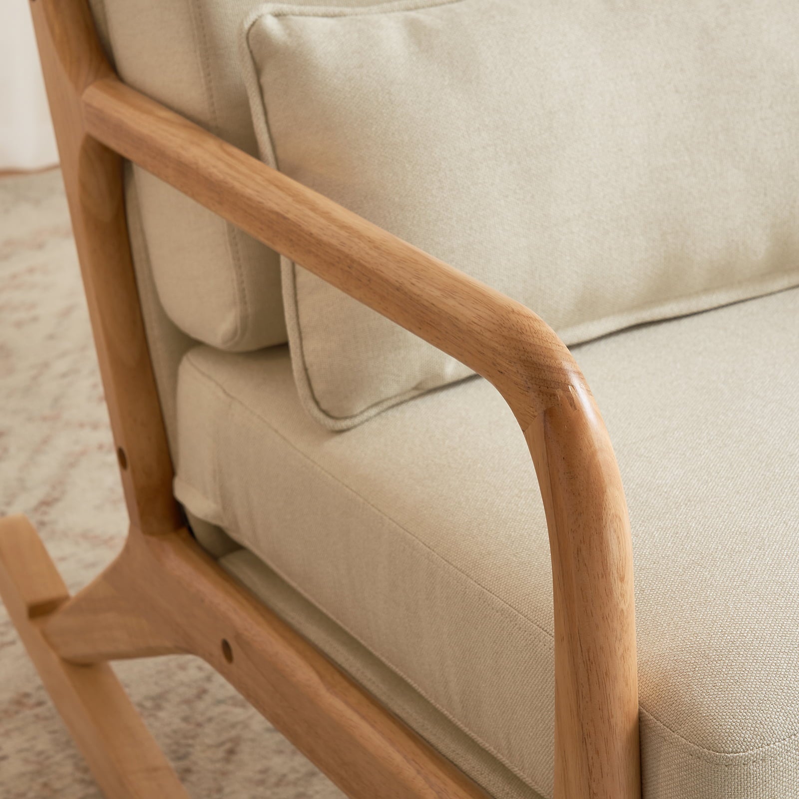 Ktaxon Mid Century Rocking Nursery Chair Solid Wood Frame Accent Chair, Line fabric Upholstered Glider Rocker Modern Padded Armchair with Lumbar Pillow Beige