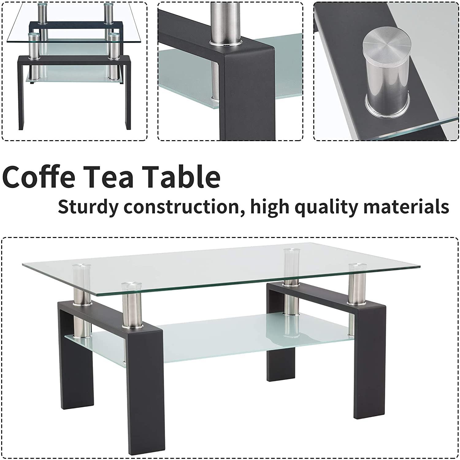 Glass Coffee Table with Lower Shelf, Clear Rectangle Glass Coffee Table, Modern Coffee Table with Metal Legs, Rectangle Center Table Sofa Table Home Furniture for Living Room, L5509