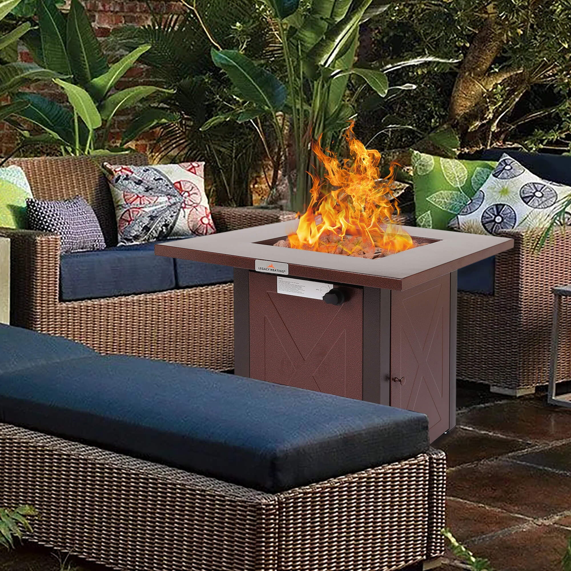 28 In Propane Fire Pit Table, Square Brown Texture Outdoor Gas Fire table with Lid & Lava rock, 50000 BTU, Auto-Ignition, Adjustable Flame, ETL-Certified, Suitable for Courtyard/Patio/Balcony