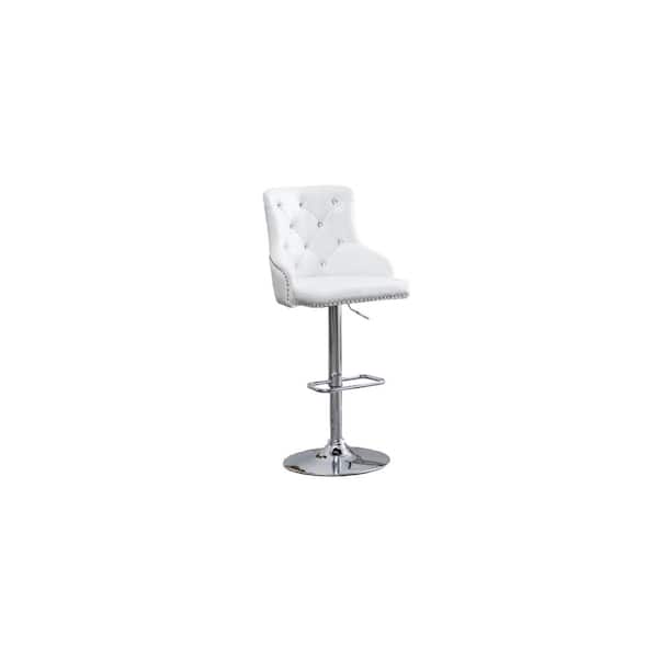 Alexa 40 in.-48 in. H White Faux Leather Adjustable Bar Stool w/ Chrome Base, Faux Crystals and Nail Head (Set of 2)