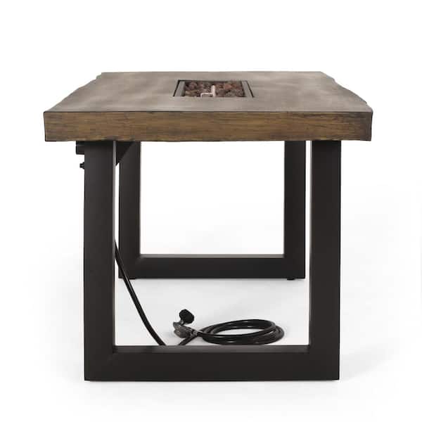 Wendall Outdoor Black/Dark Grey/Antique Teak Rectangular Stainless Steel Fire Pit Dining Table with Tank Holder