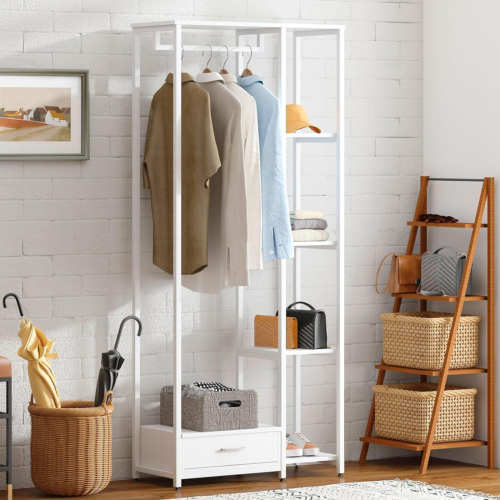 SogesHome Hall Tree with 1-Drawer, 3-in-1 Wood Cloth Garment Racks, White