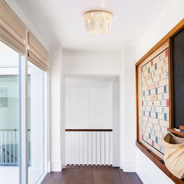 12.6 in. 3-Light Antique Rustic White Flush Mount Bohemia Wood Beaded Ceiling Light Mini Chandelier