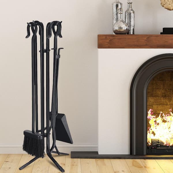 5-Pieces Fireplace Iron Standing Tools Set with Heavy Crook Handles