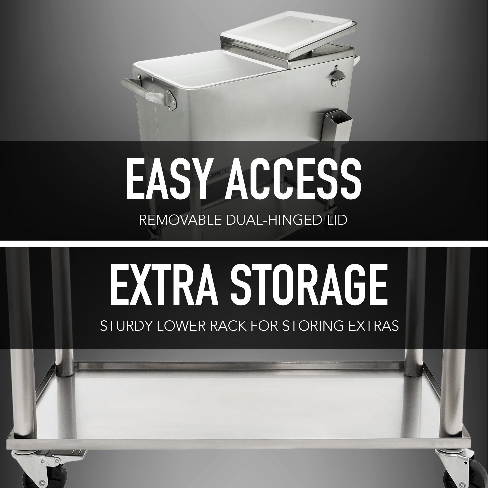 Permasteel PS-206-SS 80 Quart Rolling Patio Cooler with Bottom Tray, Stainless Steel